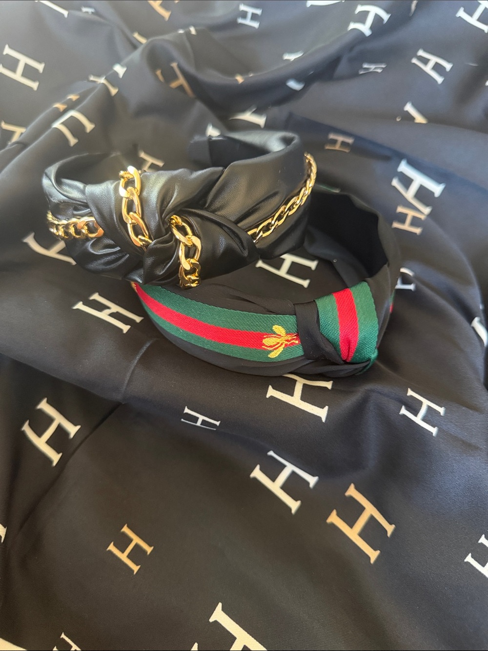 Headband bundle with Gold Chain & Green-Red Stripe Accent